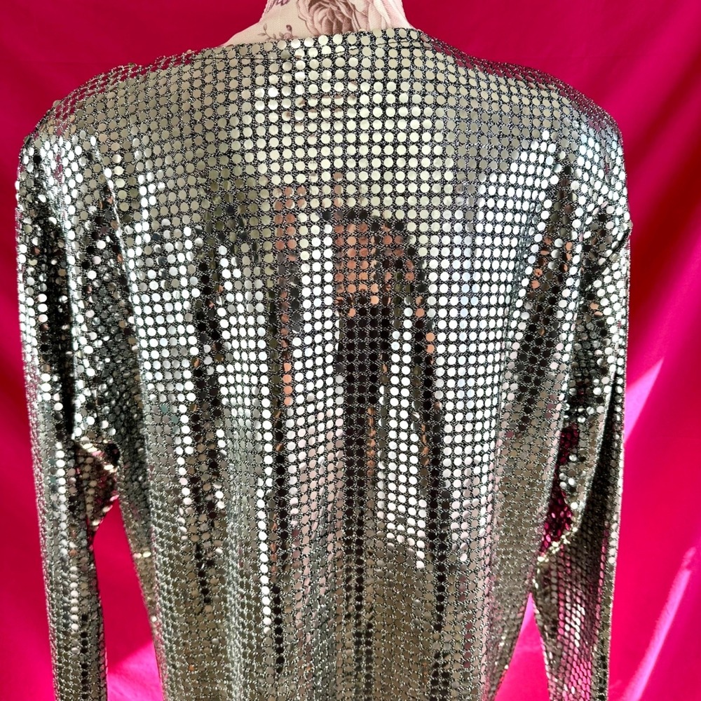 Vintage Silver Metallic Liquid Metal Top Tunic Medium 1980s Disco Party Glam - Picture 16 of 17